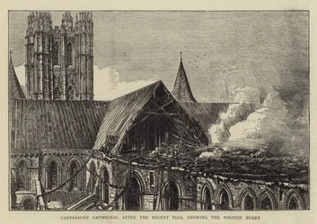 Canterbury Cathedral na de Recente Brand, met het Gedeelte dat verbrand is